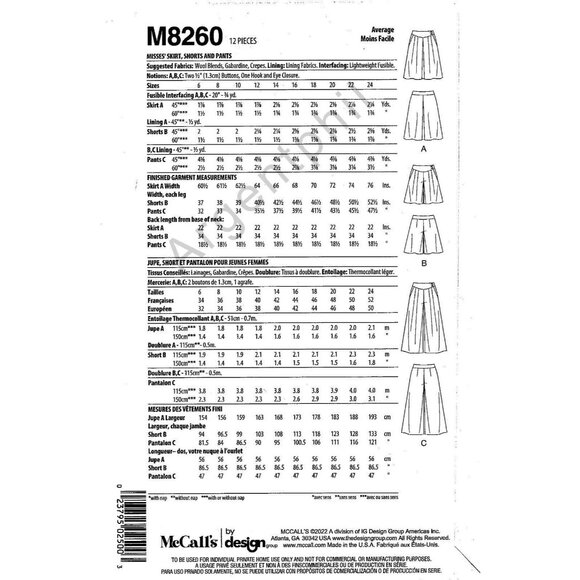 McCall's M8260 Misses 6 to 14 Skirt, Shorts and Pants Uncut Sewing Pattern New - Picture 3 of 3